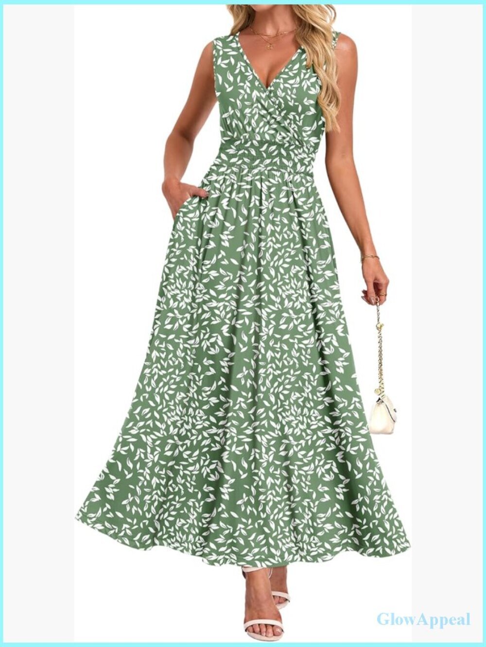 Summer Maxi Dress Floral V Neck Smocked Empire Waist Pockets Beach Vacation